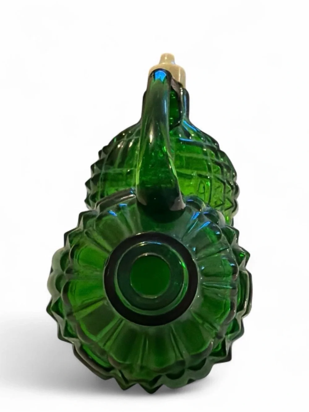 Vintage Green Glass Double Cruet Joined Oil Vinegar Bottle Diamond Pattern